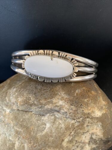 Navajo White Buffalo Turquoise Cuff Bracelet | Sterling Silver | Authentic Native American Handmade | 1422