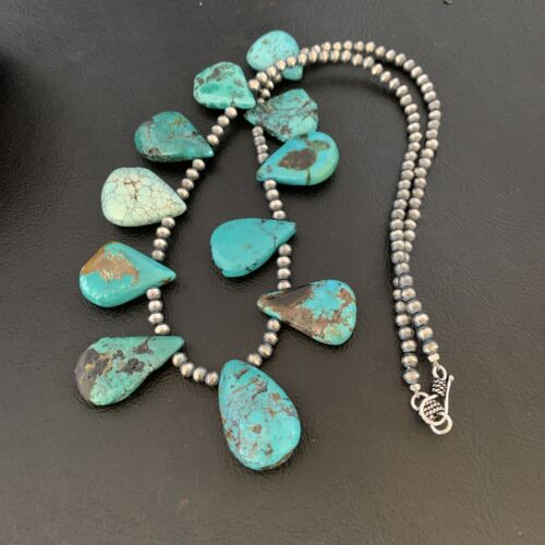 Southwestern Navajo Pearls Necklace | Sterling Silver Blue Turquoise Teardrop | 13151