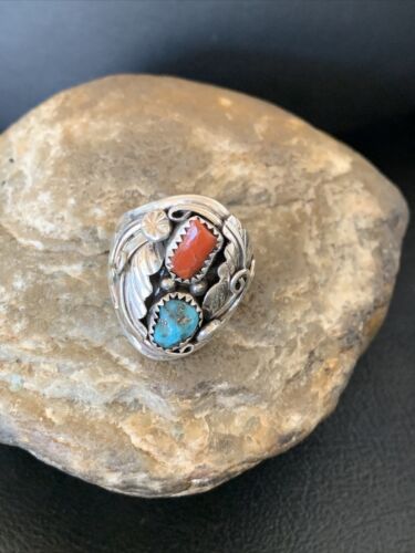 Navajo Blue Kingman Turquoise & Coral Feather Ring | Authentic Native American Sterling Silver | Multi-Stone | Sz 10 | 12218