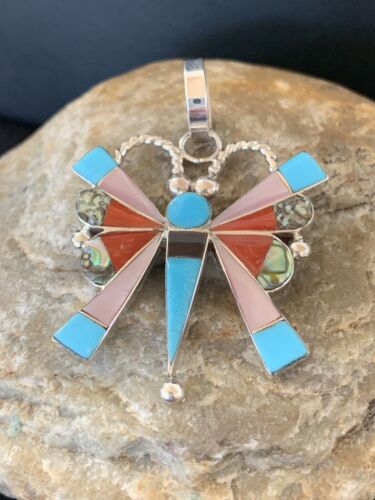 Zuni Turquoise Spiny Oyster Mother of Pearl Butterfly Necklace Inlay Pin Pendant | Sterling Silver | 1366