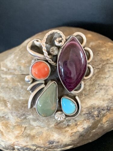 Navajo Sterling Silver Ring | Blue Turquoise & Spiny Oyster | Sz 11 | Native American Handmade | 02127