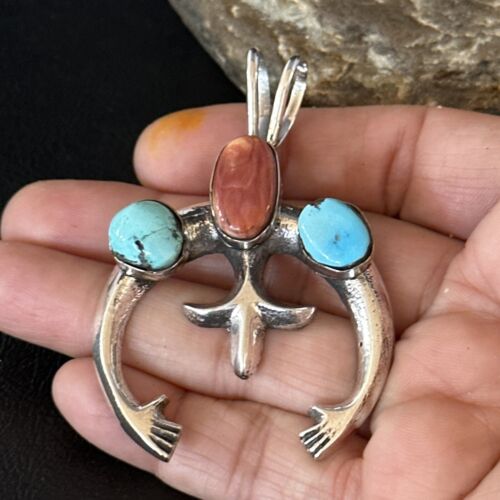 Navajo Sterling Silver Blue Turquoise Purple Spiny Oyster Naja Pendant | Authentic Native American Handmade | 14678