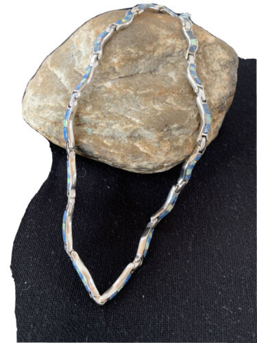 Southwestern Sterling Silver Necklace | Lapis & Opal Inlay Pendant | 16" | 01426