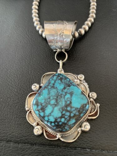 Men's Navajo Blue Spiderweb Turquoise Pendant Necklace | Sterling Silver | Authentic Native American Handmade | 10663