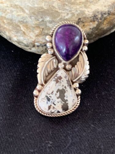 Navajo White Buffalo Turquoise & Sugilite Ring | Authentic Native American Sterling Silver | Multi-Stone | Sz 9.5 | 00310