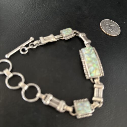 Navajo White Opal Inlay Link Bracelet | Sterling Silver | 8" | Authentic Native American Handmade | 14259
