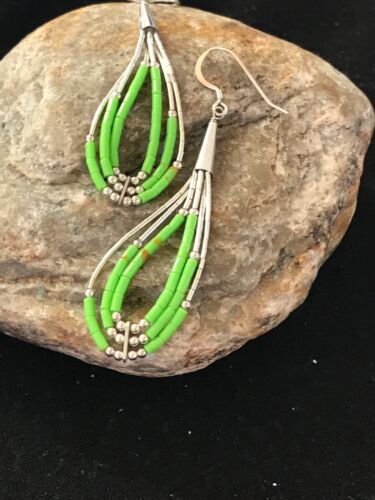 Navajo Green Gaspeite Earrings | Sterling Silver Liquid Heishi Dangle | 2.25" | Authentic Native American Handmade | 2021