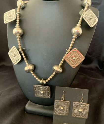 Navajo Square Blue Naja Necklace Set | Authentic Native American Sterling Silver | Handmade Stamped | 10767