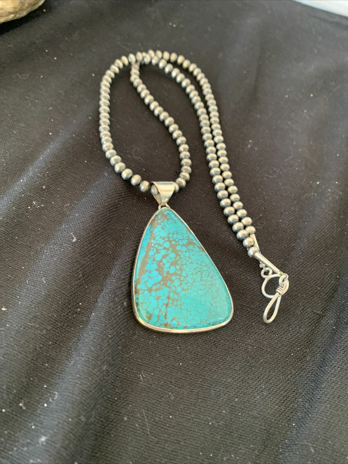 Navajo Pearls Sterling Silver Blue Spiderweb Turquoise Necklace Pendant | Men's Southwestern | 00918