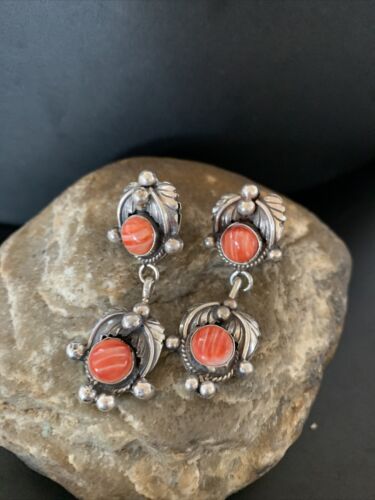 Navajo Red Spiny Oyster Dangle Earrings | Sterling Silver | Authentic Native American Handmade | 2063