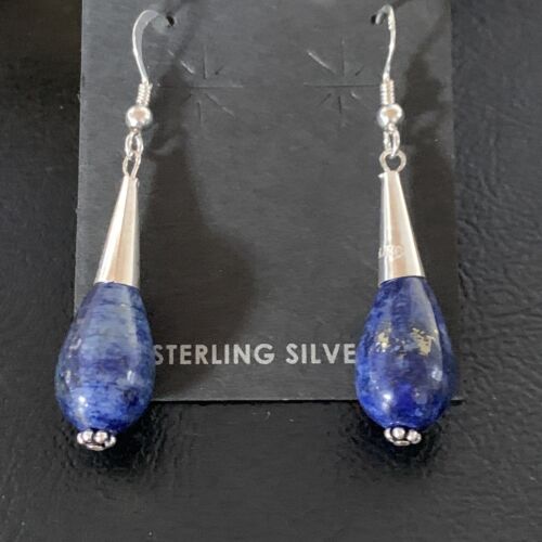 Navajo Lapis Lazuli Bead Dangle Earrings | Sterling Silver | 1" | Authentic Native American Handmade | 13330