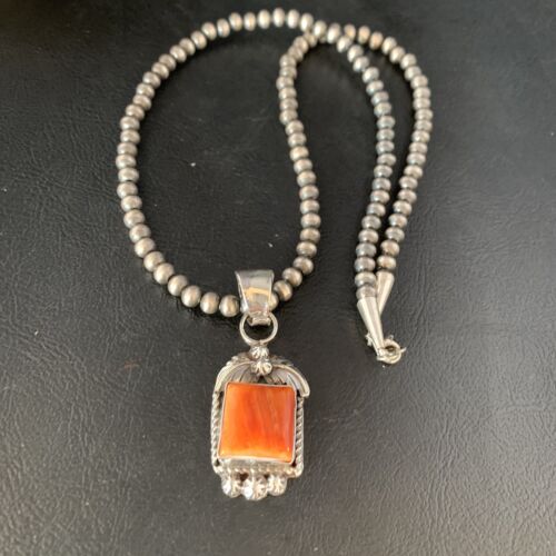 Navajo Orange Spiny Oyster Square Pendant Necklace | Sterling Silver | Authentic Native American Handmade | 13639
