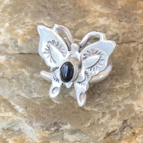 Southwestern Navajo Black Onyx Butterfly Ring | Sterling Silver | Adj Sz 8 | 10384