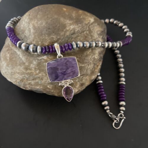 Navajo Pearls Necklace with Purple Sugilite Pendant | Sterling Silver | Multi-Stone | 11333
