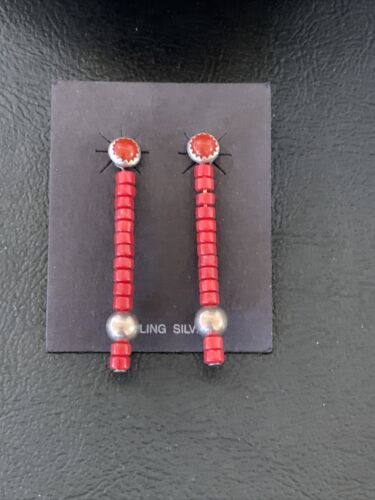 Navajo Pearl Heishi Dangle Earrings | Sterling Silver Red Coral Tube | 1.5" | 13051