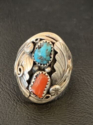 Navajo Blue Kingman Turquoise & Coral Feather Ring | Authentic Native American Sterling Silver | Multi-Stone | Sz 10 | 12218
