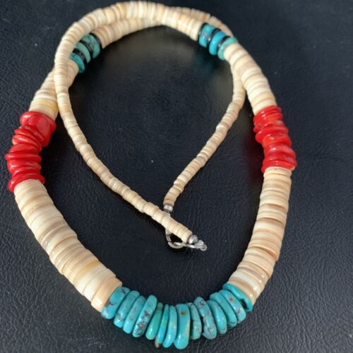 Authentic Native American Santo Domingo Necklace | Red Coral, Blue Turquoise, Onyx Shell | 22" | 13487