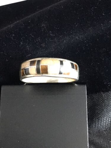 Navajo Sterling Silver Onyx & Picture Jasper Inlay Ring | Sz 13.5 | Authentic Native American Handmade | 01592