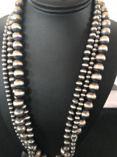 Navajo Pearls Sterling Silver Bead Necklace | 60" 3-Strand | Native American Handmade | 93960