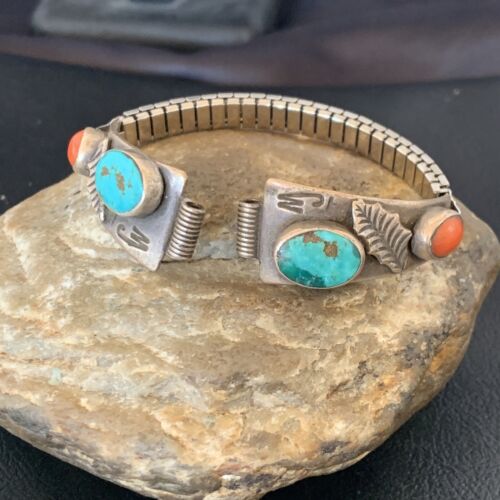 Vintage Navajo Sterling Silver Watch Tips | Old Pawn Turquoise & Coral Band | Authentic Native American Jewelry | 11930