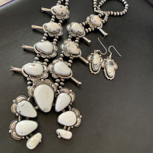 Navajo White Buffalo Turquoise Sterling Squash Blossom Necklace | Naja Pendant | 10957