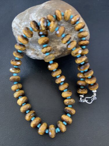Southwestern Navajo Tigers Eye Necklace with Turquoise | Sterling Silver | 19" | 1496