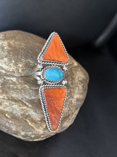Navajo Orange Spiny Oyster Multi-Stone Ring | Authentic Native American Sterling Silver | Multi-Stone | Sz 7 | 14507