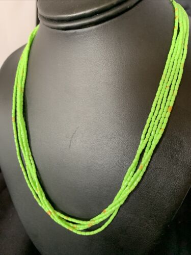 Native American Green Gaspeite Rice Heishi Necklace | 5 Strand | Sterling Silver | 20" | 12928