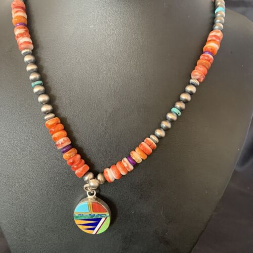 Multi-Color Turquoise & Spiny Oyster Inlay Necklace Pendant | Navajo Sterling Silver | Authentic Native American Handmade | 12721