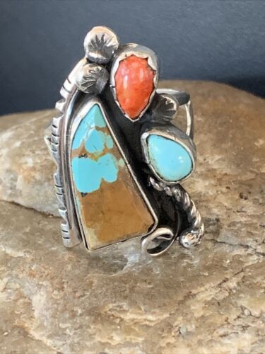 Southwestern Multi-Stone Men's Ring | Authentic Native American Sterling Silver | Turquoise & Spiny Oyster | Sz 11 | 02166