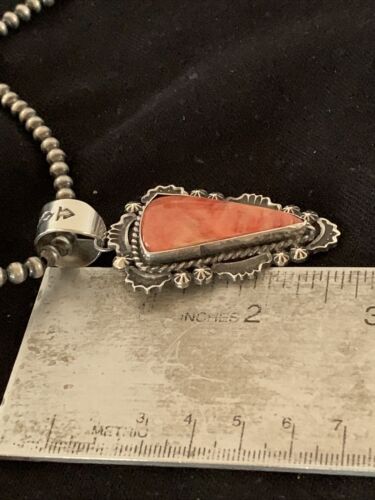 Navajo Red Spiny Oyster Pendant with Sterling Silver Pearls Necklace | Authentic Native American Handmade | 01657