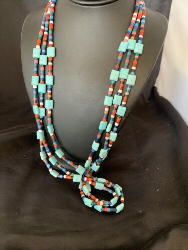Native American Santo Domingo Turquoise Coral Bead Necklace | 3-Strand | 28" | 11988