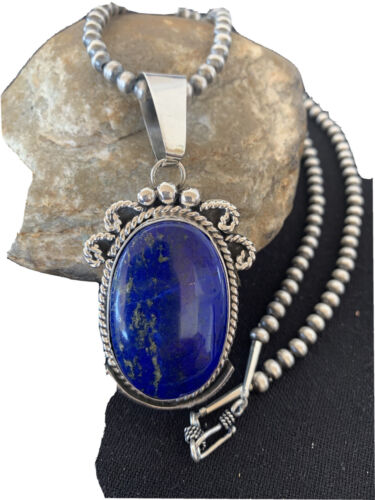 Native American Men's Navajo Pearls Necklace Pendant | Sterling Silver Blue Lapis | 1538