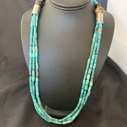 Navajo 3-Strand Tube Turquoise Bead Necklace | Sterling Silver | 26" | Authentic Native American Handmade | 11821