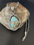 Men's Navajo Blue Dry Creek Turquoise Pendant | Sterling Silver | Pearl Necklace | Native American | 12970