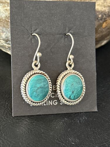 Navajo Blue Turquoise Dangle Earrings | Sterling Silver | 1" | Authentic Native American Handmade | 14772