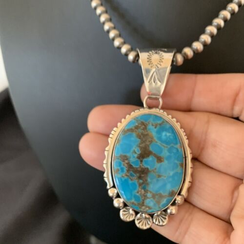Navajo Pearls Blue Kingman Turquoise Necklace Pendant | Sterling Silver | Authentic Native American Handmade | 10765