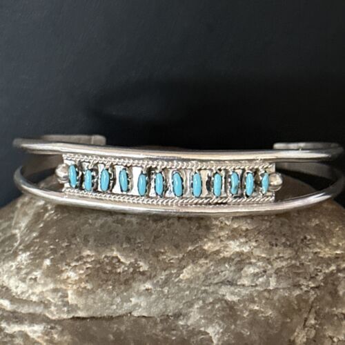 Zuni Blue Turquoise Needle Point Cuff Inlay Bracelet | Sterling Silver | Authentic Native American Handmade | 14594