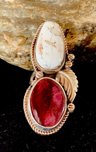Navajo White Buffalo Turquoise & Spiny Oyster Multi-Stone Ring | Authentic Native American Sterling Silver | Sz 9 | 308