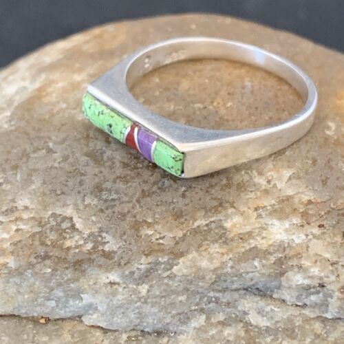 Navajo Green Gaspiete Sugilite Red Coral Inlay Ring | Sz 8.25 | Authentic Native American Handmade | 2259
