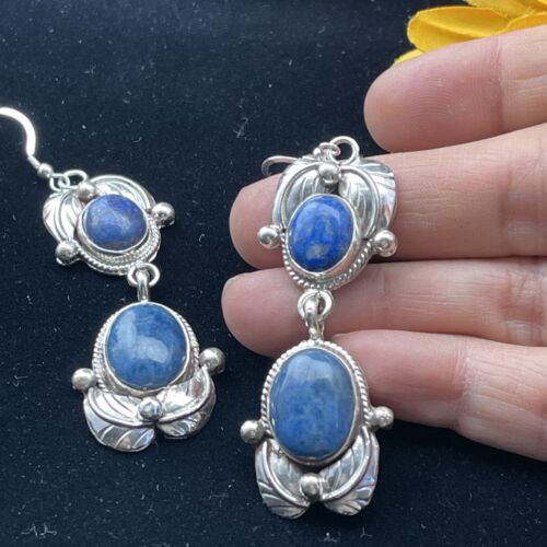 Southwestern Navajo Denim Lapis Dangle Earrings | Sterling Silver | 2" | 01796
