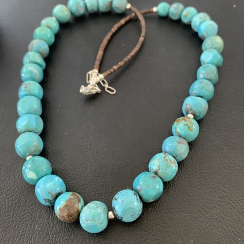 Native American Sterling Silver Heishi Blue Turquoise Bead Necklace Pendant | Handmade | 20" | 02021