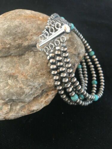 Native American Navajo Pearls Blue Turquoise Bracelet | Sterling Silver | 4-Strand