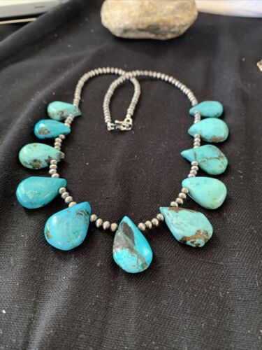 Native American Navajo Pearls Necklace | Sterling Silver Blue Turquoise Teardrop | Authentic Handmade | 942