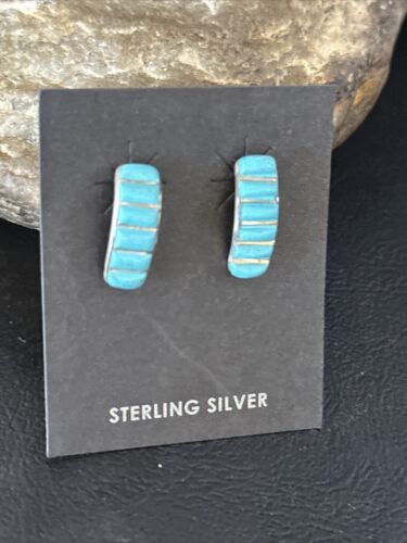 Navajo Blue Turquoise Inlay Earrings | Sterling Silver | 1" | Authentic Native American Handmade | 14777