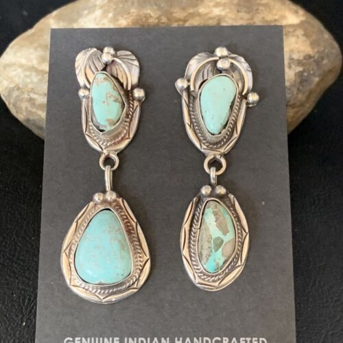 Navajo Blue Dry Creek Turquoise Post Dangle Earrings | Sterling Silver | Authentic Native American Handmade | 13877