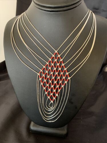 Red Coral 7 Strand Liquid Silver Heishi Necklace | Sterling Tubes | 18" | Authentic Native American Handmade | 12625