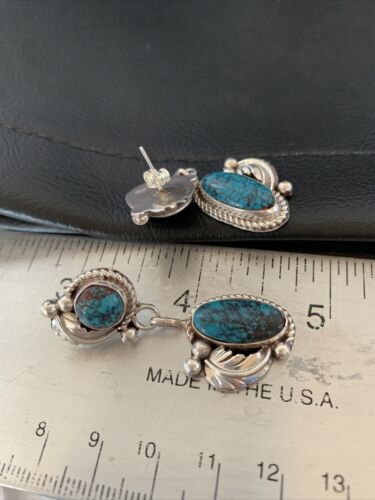 Handmade Navajo Spiderweb Turquoise Dangle Earrings | Sterling Silver | Authentic Native American | 1400