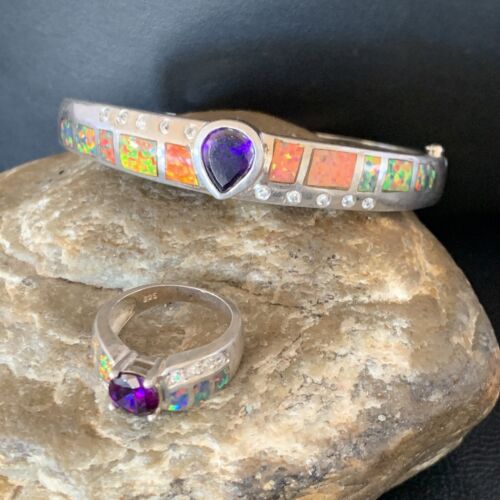 Navajo Sterling Silver Bracelet with Opal and Amethyst | 7" | Ring Sz 6 | Native American Handmade | 13120