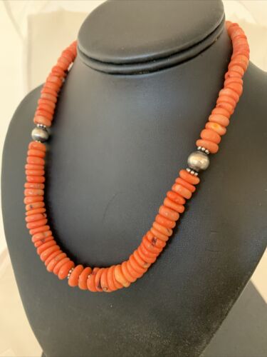 Native American Pink Coral Navajo Bead Necklace | Sterling Silver | 18" | 01951